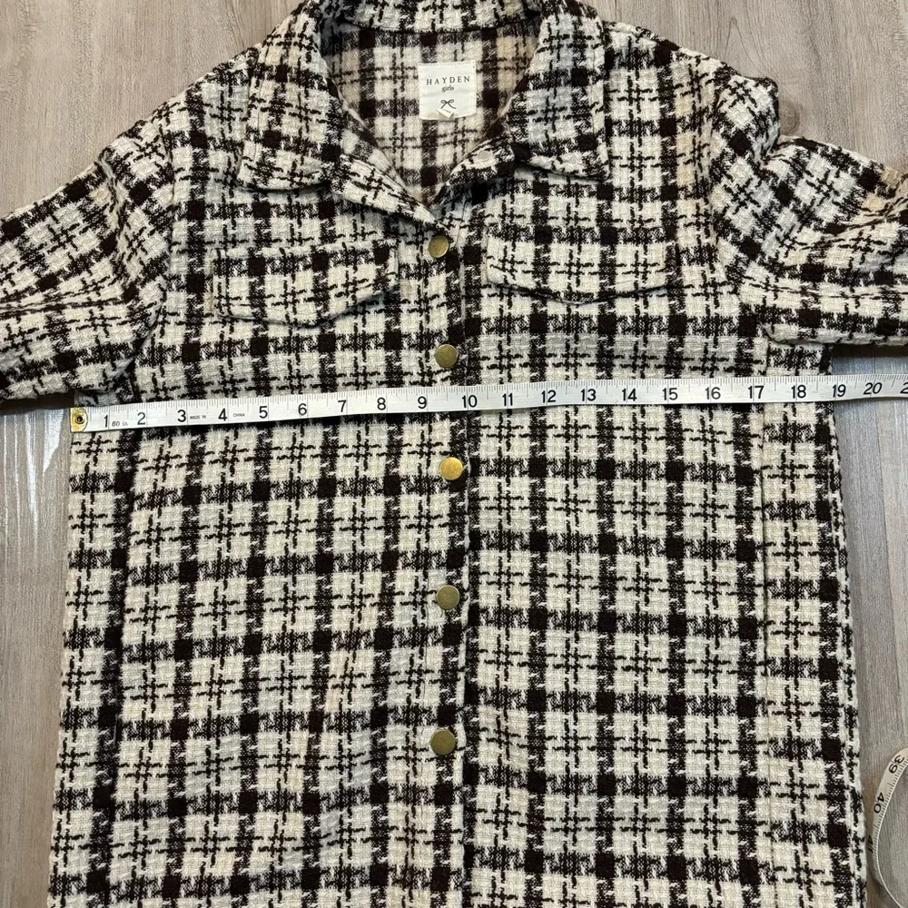 Hayden Girls Size XL Textured Check Jacket Pockets Button Up Fringe Back Shacket